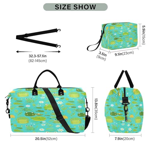 Large Foldable Travel Duffel Bag, Waterproof Gym Bag for Men & Women, Carry-On Luggage Weekender Overnight Bag, Cute Cartoon Frogs3