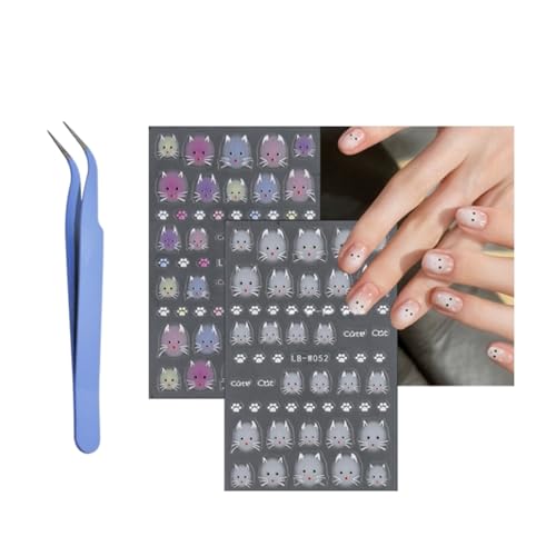 4 Hojas Pegatinas Para Uñas flores,3D Pegatinas para Uñas Adhesivas con Pinzas Autoadesiva Nail Art Stickers Decoración (4 Hojas Lindo gato)