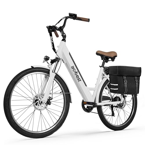 ACTBEST Core-Swept Electric Bike for Adults - 468Wh Removable Battery, 26 inch Step Thru Electric Bicycle, Peak 750W Brushless Motor Ebike, with 7 Speed, Up to 50 Miles, E-Bikes, White with Saddlebag -  Core swept