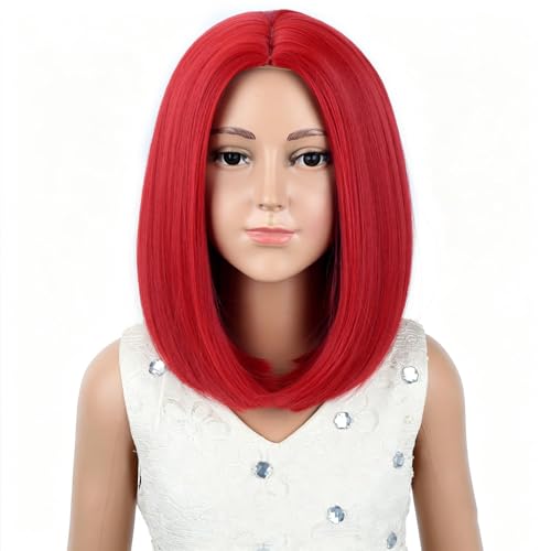 Image of Kid Red Wig Girls Red Bob Short Straight Wig Middle Part for Kids Children Synthetic Halloween Cosplay Costume Party Wigs with Wig Cap