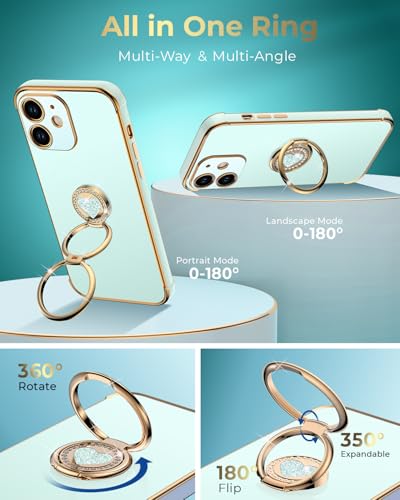 Coque de protection de luxe bling cœur mignon pour iPhone 12 vert avec support chic