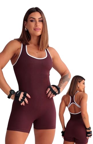 Macaquinho Fitness Espotivo Academia Beach Tennis Yoga Pilates PREMIUM, Liso, Abertura nas Costas, Felix Magazine (Marrom, G)