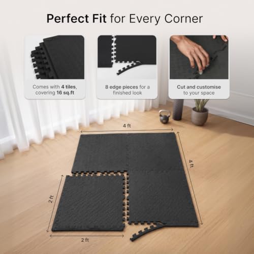 Image of Cult EVA Foam Interlocking Gym Floor Mats Set of 4 | Thick Anti-Skid Workout Tiles | Shock-Absorbing Protective Flooring for Home Gym, Exercise & Equipment | Water-Resistant, Easy to Assemble, Black