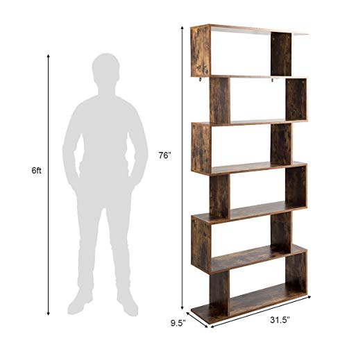 Tangkula 6 Shelf Bookcase, Modern S-Shaped Z-Shelf Style Bookshelf, Multifunctional Wooden Storage Display Stand Shelf For Living Room, Home Office, Bedroom, Bookcase Storage Shelf (Coffee) #TOP2