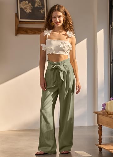 Women Linen Pants 2025 Paperbag Wide Leg Dress Pants High Waisted Work Slacks Tie Knot with Pockets 28"/30"/ 32"4