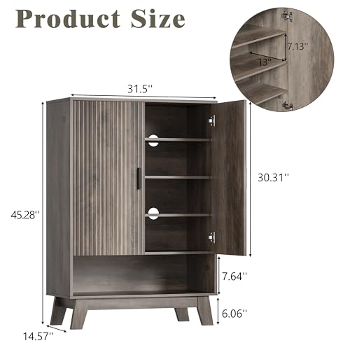 Image of Shoe Cabinet Storage for Entryway, 5 Tier Fluted Shoe Storage Cabinet with Wooden Legs, Narrow Hidden Shoe Organizer with Adjustable Shelves, Freestanding Shoe Rack for Entryway, Hallway, Grey