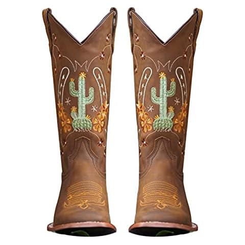 Furcross Women Sunflower Embroidery Western Cowboy Cowgirl Boots Square Toe Retro Mid Calf Boots Cover