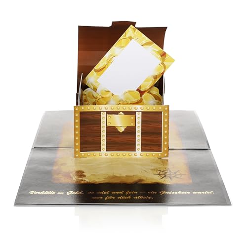 CraftWerk 3D Pop-Up Karte Schatztruhe - Gutschein zum Ausfüllen mit Rubbelkarte für Männer und Frauen - Wunschgutschein als Geburtstagskarte