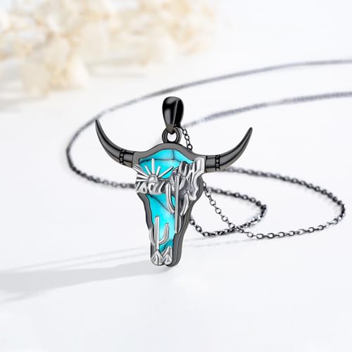 Midir&Etain Western Necklace 925 Sterling Silver Turquoise Pendant Highland Cow/Cow Skull/Hat/Tag/Cactus/Boot Cowgirl Country Jewelry for Women Men3