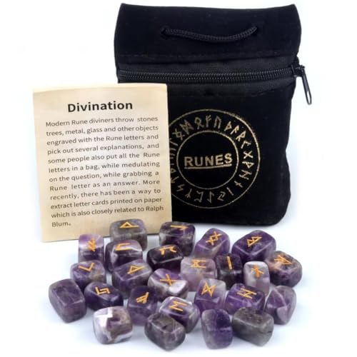 天然ルーン石 北欧風 クリスタルルーン石 不規則 ルーン石 ジェムストーン 占い宝石用 瞑想占い ベルベット収納袋 説明書付き（紫）のサムネイル