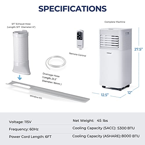 Costway Portable Air Conditioner, 8000Btu 4-In-1 Air Conditioner Cooling For Room Spaces Up To 230Sq.ft, With Remote Control, 24H Timer & Window Venting Kit, Multi-Function & Powerful Ac Unit With Sleep Mode, Suitable For Bedroom, Living Room, Office (8000Btu, White) #TOP5