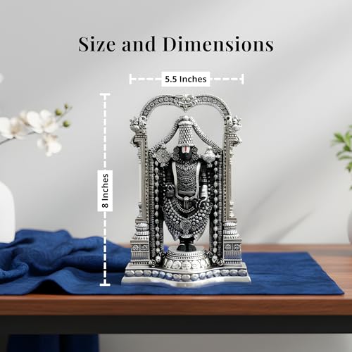 Image of 999 Pure Silver Plated Standing Balaji Idol - 8 Inch Divine Lord Venkateswara Tirupati Statue for Pooja Room and Mandir - Auspicious Spiritual Decor for Home and Office