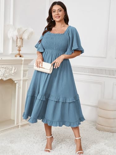 Image of SCOMCHIC Women's Plus Size Maxi Dresses Summer Short Sleeve Square Neck Smocked Wedding Guest Cocktail Boho Long Dress