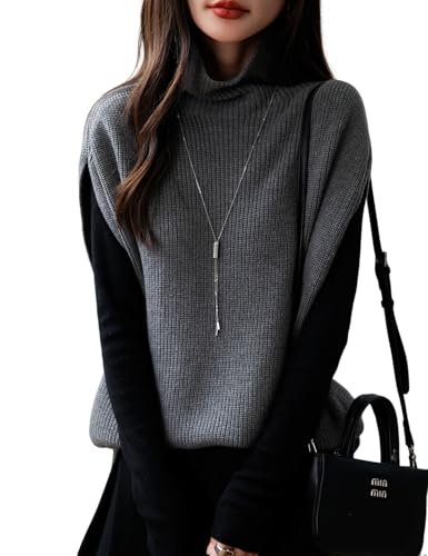 Women's Merino Wool Blend Oversized Sweater Vest 2025 Fall Winter Loose Turtleneck Sleeveless Knit Pullover Sweater