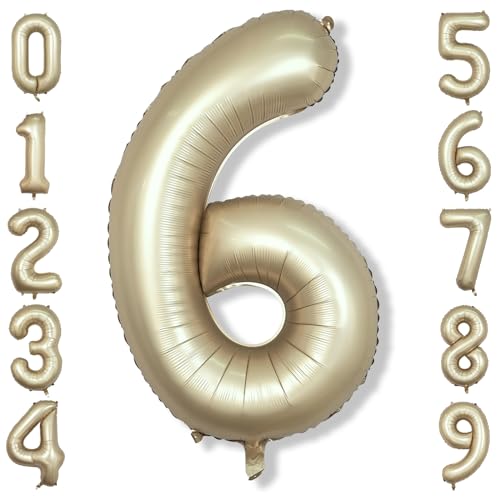 Image of 40 Inch Balloon Number 6 Champagne Gold, Large Foil Metallic Light Gold 6 Balloon Number for Women, Globos de Numero Helium Balloons for Girl Boy 6th Birthday Anniversary Graduation Party Decorations