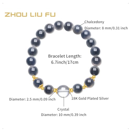 Sterling Silver Bracelet Chalcedony Beaded Bracelet Healing Crystal Bracelets Protection Bracelets Natural Gemstone Stretch Bracelet for Unisex Lover Birthday Aniversary 6.7inch/17cm2