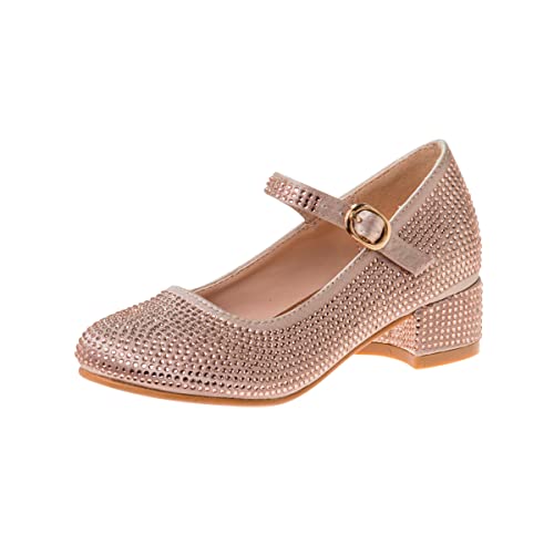 Badgley Mischka Girls Dress Shoes - Kids High Heel Flats Pumps Slip-On Block Glitter Rhinestone Sparkly Closed Toe with Strap - Black/Silver/Rosegold (Little Kid/Big Kid)