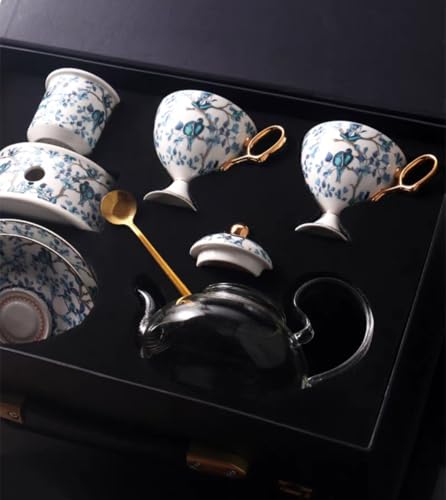 【yakedoworks】 和洋折衷 ティーセット ボーンチャイナ&耐熱ガラス 高脚カップ&ソーサー 金彩 手描き風 花柄 2客セット ティーポット 保温スタンド 兼用 おしゃれ 上品 ギフトBOX 来客用 家庭用 業務用(タイプ選択) (ギフトBOX,