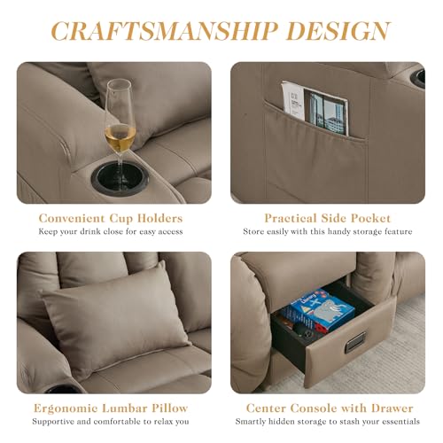 Image of Loveseat Recliner Sofa with Flip-up Console,RV Wall Hugger Recliners for Small Spaces,Reclining Loveseat Sofa Recliner with Cup Holders /Lumbar Pillows,RV Furniture (Khaki, 68 inch 2-Seater)