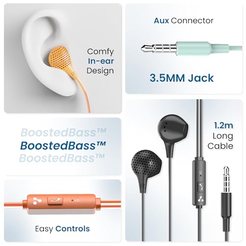 Ambrane Wired Earphones with Mic | 3.5mm Audio Jack | 14mm Driver for HD Sound & Deep Bass | Tangle-Free 1.2m Cable | In Ear Comfort Fit | Compatible with Mobiles, Tablets, Laptops, PCs (EP-83 Orange)