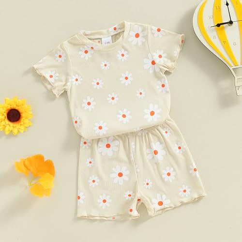 Image of Ayalinggo Baby Girl Summer Outfits Short Sleeve Lettuce Trim Floral Tops + Shorts Set Infant Clothes