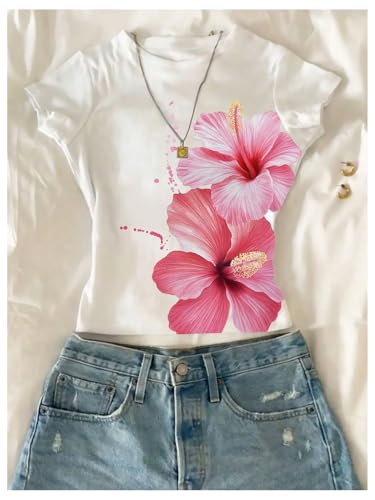 WDIRARA Girl's Floral Graphic Print T-Shirts Crew Neck Short Sleeve Tee Y2k Tops3
