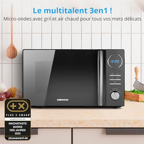 MEDION Micro-onde 3en1 avec gril et air chaud combiné (23L, 900W, 1000 W gril, 1680 W air chaud, 10 programmes automatiques, 5 niveaux de puissance, mode décongeler, design miroir, MD11493) noir – Image 3