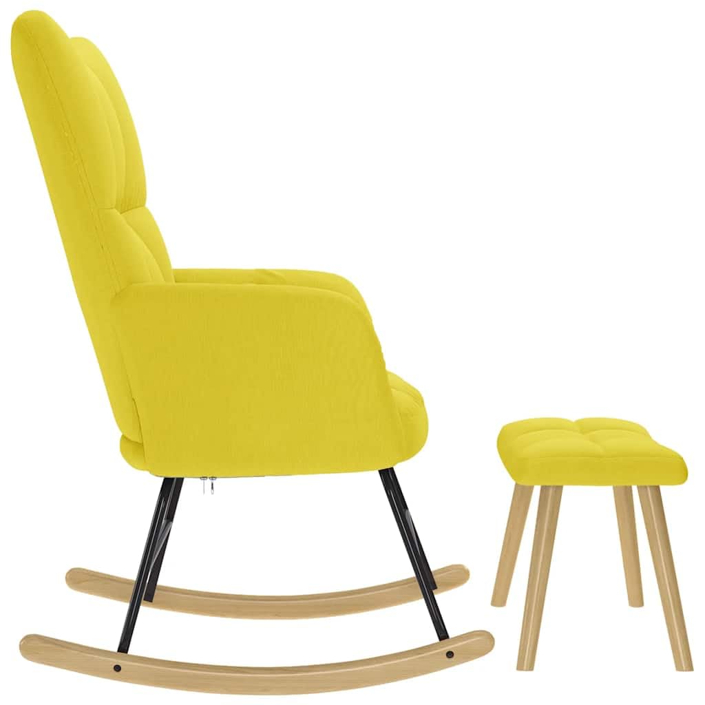Mecedora con reposapiés de tela amarillo claro, cómodo sillón tapizado con asiento y respaldo acolchados gruesos, marco estable de madera y metal, movimiento suave de balanceo,