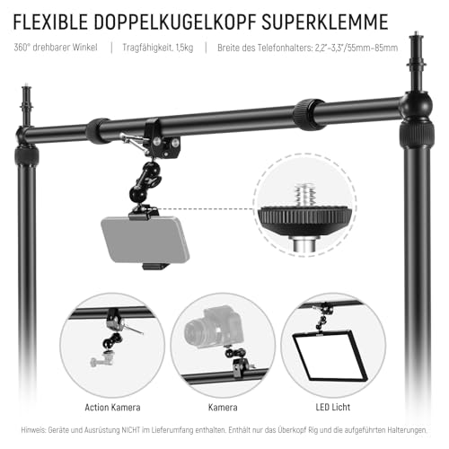 NEEWER Kamera Halterung, Overhead Tischstativ Mount mit Handyhalter/2 Kugelköpfen/Armen/Super Clamp/Reinigungstuch für Mic Webcam, Klemmstativ für mehrere Geräte, einstellbare Höhe Breite, Max 12kg