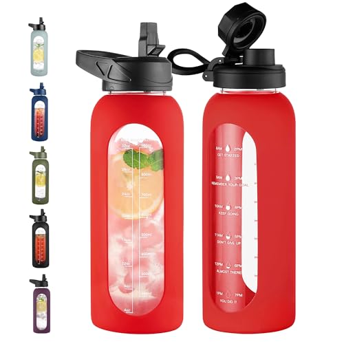 Image of CIVAGO 40 oz Glass Water Bottle with Straw and Handle, Large Sports Motivational Water Bottle Flask with Time Marker and 2 Lids, Leakproof Water Jug Canteen with Silicone Sleeve for Gym, Red