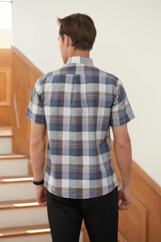 Image of SANGTREE Men's Premium Oxford Cotton Short Sleeve Shirts, Classic Stripes, Ideal for Business & Leisure,Brown Blue,Small