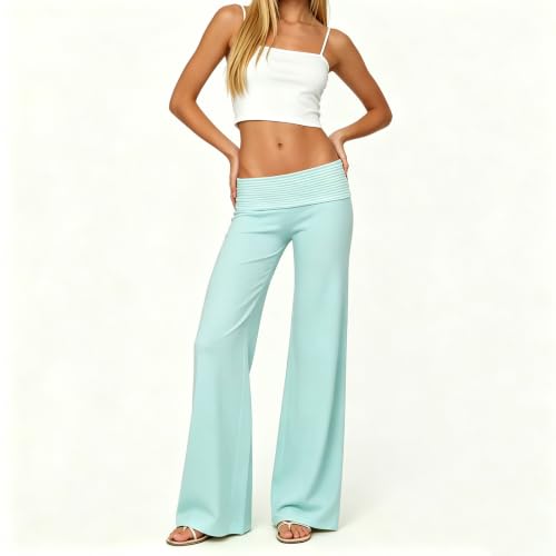 Image of Lounge Yoga Pants for Women Fold Over Low Waist Wide Leg Bell Bottoms