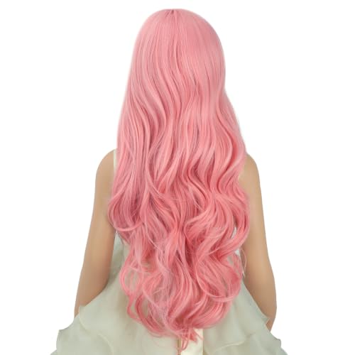 Image of Kids Pale Pink Wig Long Pastel Pink Wavy Curly Wig for Child Long Middle Part Wigs Heat Resistant Synthetic Hair with Cap (Small Size)