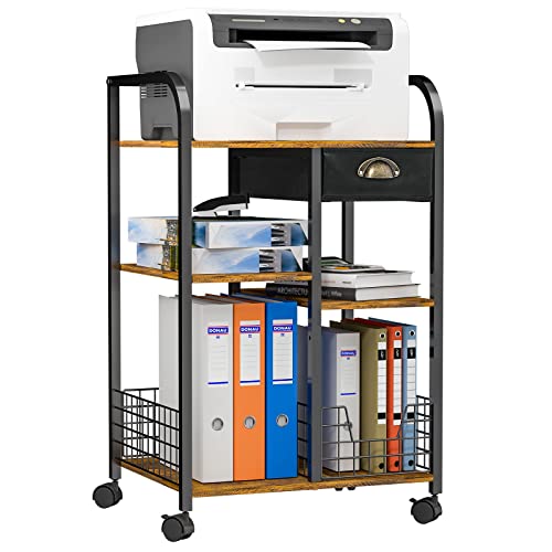 Keomaisyto Printer Stand With Wheels, Mobile Printer Table With Storage Drawer, 3 Tier Printer Cart With Adjustable Shelf For Home Office (Brown & Black) #TOP4