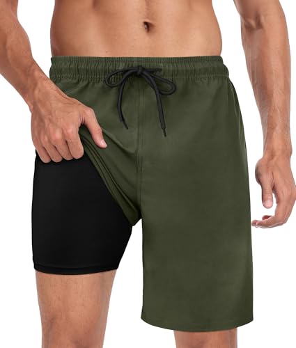 Image of Mens Swim Trunks with Compression Liner 2 in 1 Quick Dry Swimming Shorts Swimwear Bathing Suits with Pockets