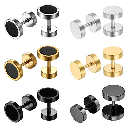 Aroncent Stud Earrings Men Women Faux Gauges Ear Tunnel Stainless Steel Earrings 6 Pairs 8mm 