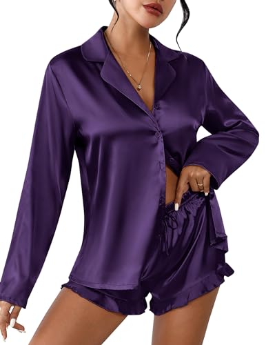 Image of Ekouaer Womens Satin Pajama Sets Long Sleeve Top and Shorts Lounge Set Button Down Sleepwear