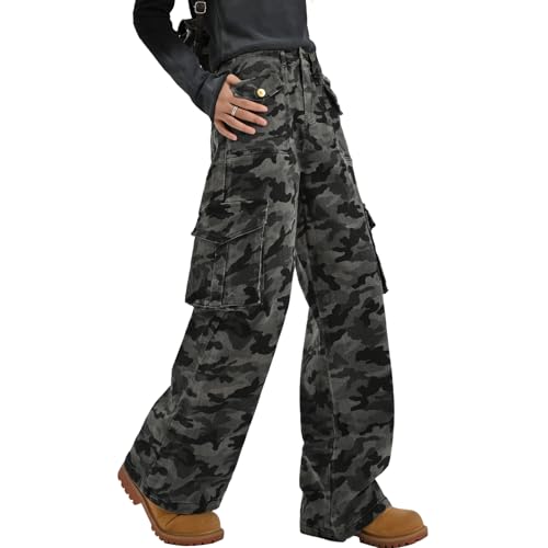 High Rise Straight Leg Cargo Pants Women and Girls Y2K Camo Streetwear Dance Trousers