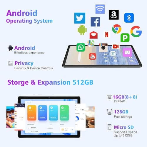 Image of 10.1 inch Tablet PC, 16GB RAM + 128GB ROM /TF 512GB, Octa-Core 2.0 GHz, | 5G WiFi | Bluetooth 5.0 | 8000mAh | 1280 x 800 Pixels Tablet (Gray)