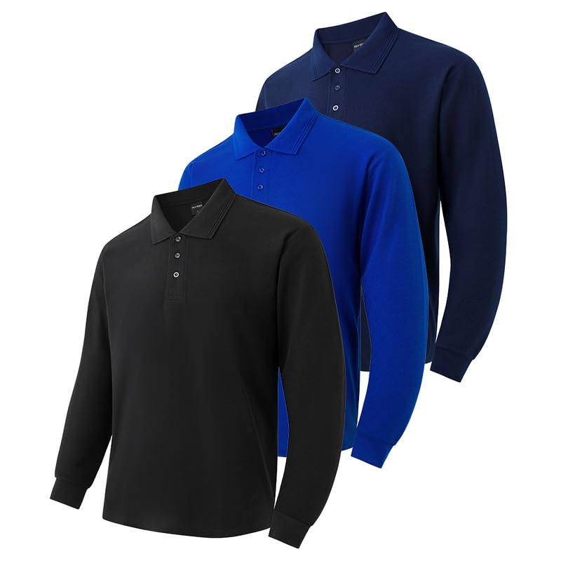 Men's 3-Pack Long Sleeve Polo Shirts &ndash; Moisture Wicking Golf Shirts for Work, Casual Workout
