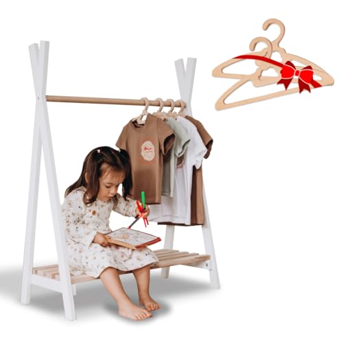 Wood And Hearts Clothing Rack with 2 Hangers, Made in EU, Open Wardrobe, Kids Garment Rack, Free Standing Closet Organizer, Montessori Wardrobe, Wooden Clothing Rack
