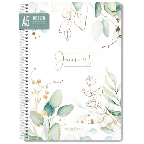 paper&you® dotted Journal A5 mit Spiralbindung 'Blattgold' 160 Seiten, Notizbuch gepunktet mit Spirale, College-Block, Spiral-Block, Notizblock - nachhaltig & klimafreundlich