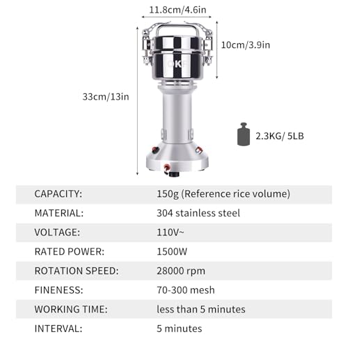 150g Grain Mill, 304 Stainless Steel Spice Grinder, 1500W High-speed Commercial Flour Mill, Superfine Flour Mill Grinder for Home, Grain Mill for Flour