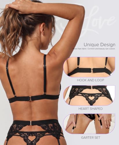 Image of RSLOVE Women Lingerie Set with Garter Belt | Heart Cutout Lace Design, Adjustable Fit, Soft Stretch Fabric, 3 Piece Romantic Lingerie Set