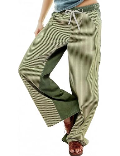 Womens Low Rise Wide Leg Striped Pants Jeans Boho Striped Drawstring Patchwork Denim Pants Trendy 2025