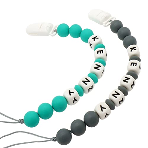 Personalized Pacifier Clip with Name, Customizable Pacifier Clip (2 Pack) (Turquoise + Grey)