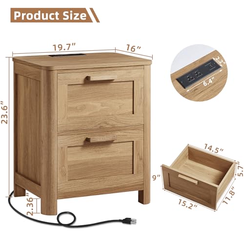Image of Joaxswe Farmhouse Nightstand with Charging Station, End Tables Bedroom with 2 Large Drawers & 4 Thickened Table Legs, Brown