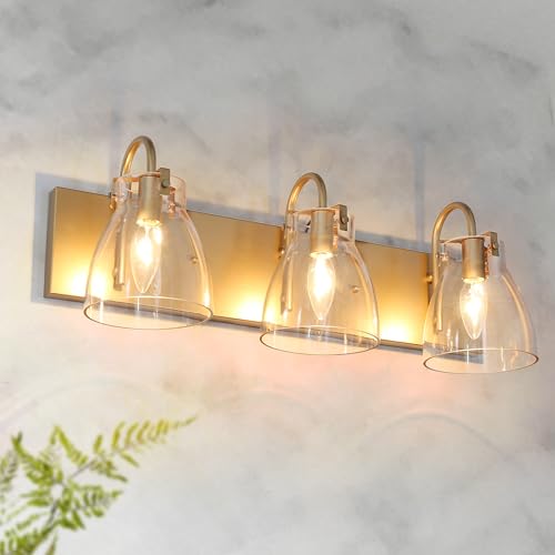 Image of KSANA Gold Bathroom Light Fixtures, 22'' Modern Vanity Lights with Clear Bell-Shaped Glass Shade, 3-Light Bathroom Lighting Over Mirror