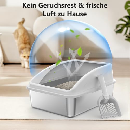 FURTIME Katzenklo Edelstahl, Katzentoilette Edelstahl 18L mit Schaufel, Katzenklo Metall mit Hochwandigem Seitengehäuse Auslaufsicher Gegen Verschüttungen für Kätzchen, 44x34x21cm