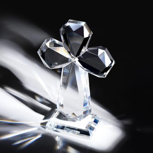 Image of YWHL Clear Crystal Standing Cross Figurine, Holy Christian Religious Gift